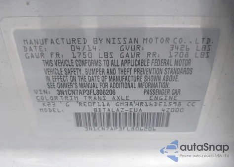 2015 Nissan Versa 1.6 S+ z USA, uszkodzony, nr VIN 3N1CN7AP3FL806206